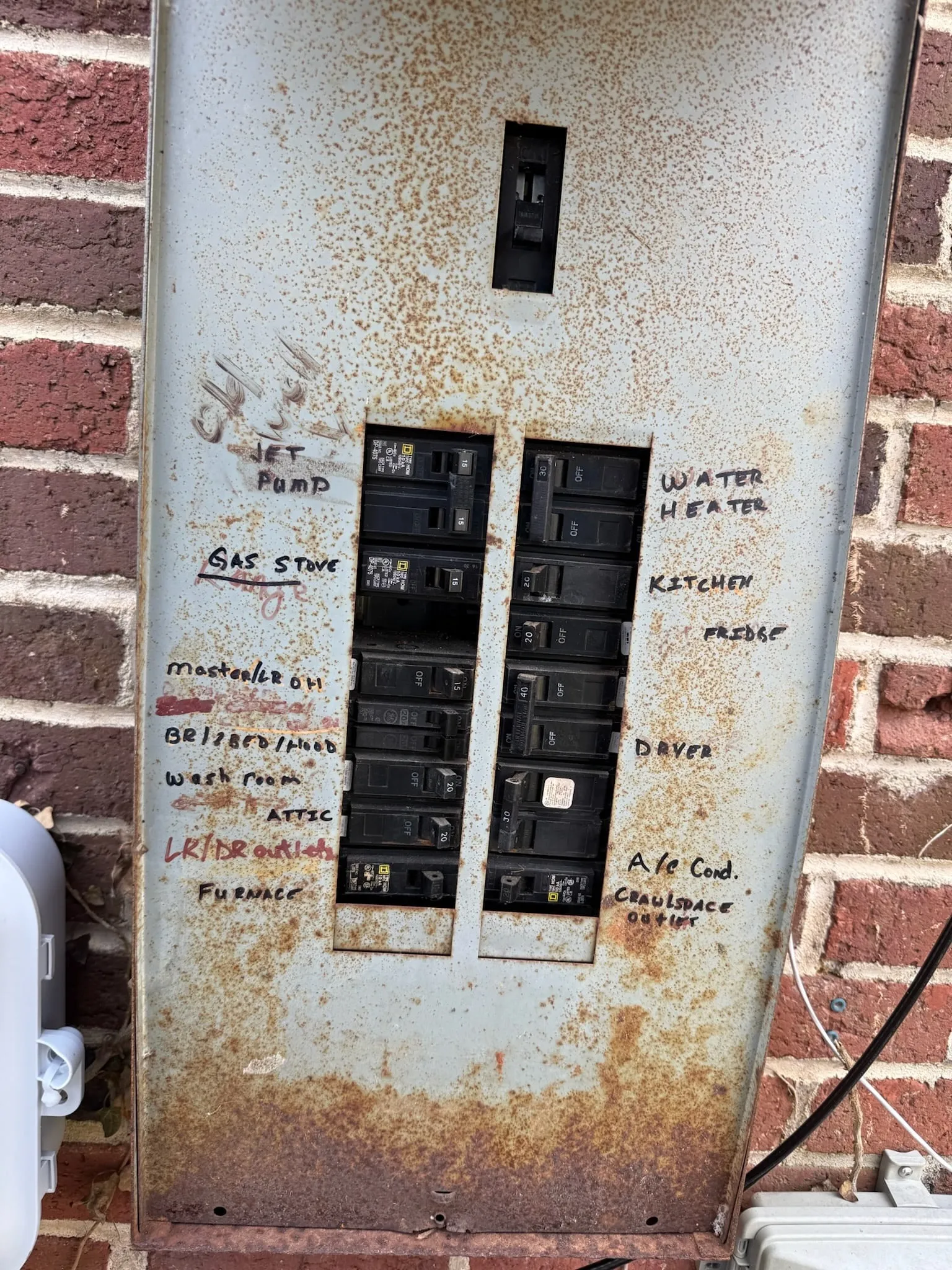 An old outdoor electrical panel on a brick wall, its gray cover rusted, with circuits labeled by hand in marker